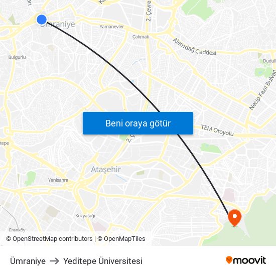 Ümraniye to Yeditepe Üniversitesi map