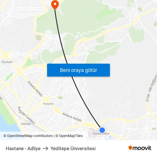 Hastane - Adliye to Yeditepe Üniversitesi map