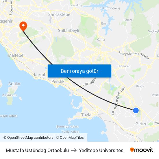 Mustafa Üstündağ Ortaokulu to Yeditepe Üniversitesi map