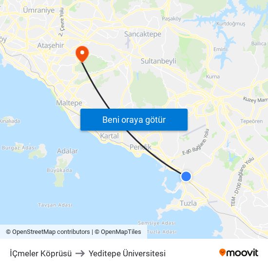 İÇmeler Köprüsü to Yeditepe Üniversitesi map