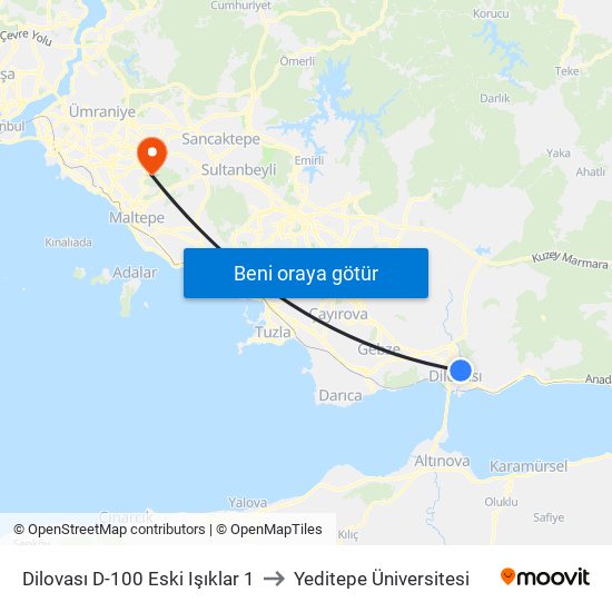 Dilovası D-100 Eski Işıklar 1 to Yeditepe Üniversitesi map