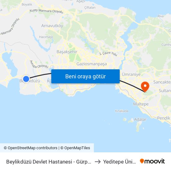 Beylikdüzü Devlet Hastanesi - Gürpinar-Beykent Yönü to Yeditepe Üniversitesi map