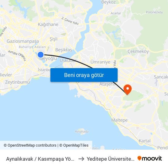 Aynalıkavak / Kasımpaşa Yönü to Yeditepe Üniversitesi map