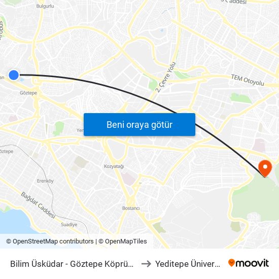 Bilim Üsküdar - Göztepe Köprüsü Yönü to Yeditepe Üniversitesi map