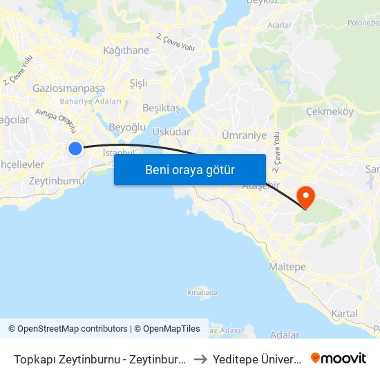 Topkapı Zeytinburnu - Zeytinburnu Yönü to Yeditepe Üniversitesi map