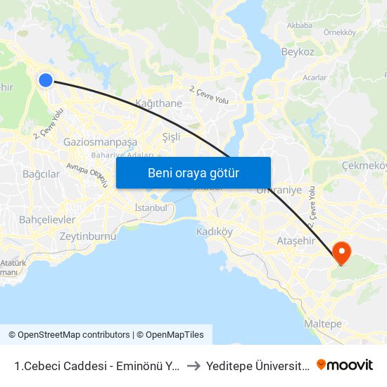 1.Cebeci Caddesi - Eminönü Yönü to Yeditepe Üniversitesi map