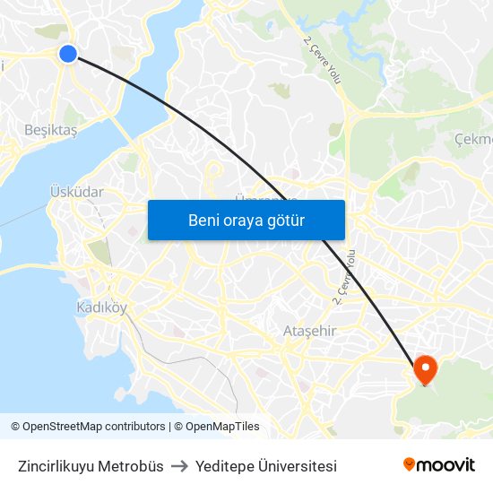 Zincirlikuyu Metrobüs to Yeditepe Üniversitesi map