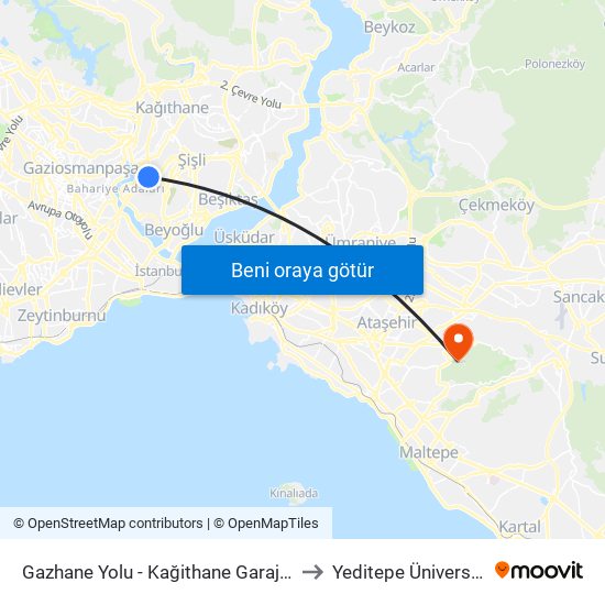 Gazhane Yolu - Kağithane Garaji Yönü to Yeditepe Üniversitesi map