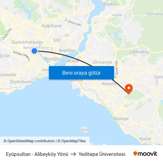 Eyüpsultan  - Alibeyköy Yönü to Yeditepe Üniversitesi map