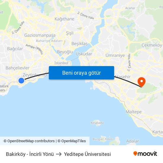 Bakirköy - İncirli Yönü to Yeditepe Üniversitesi map