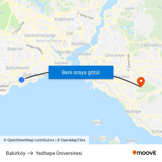 Bakirköy to Yeditepe Üniversitesi map