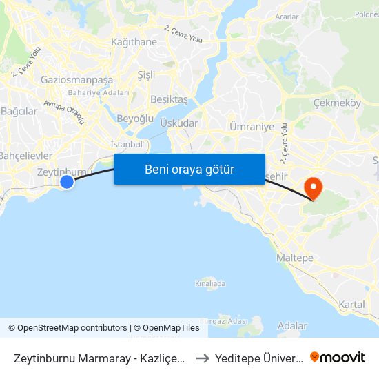 Zeytinburnu Marmaray - Kazliçeşme Yönü to Yeditepe Üniversitesi map