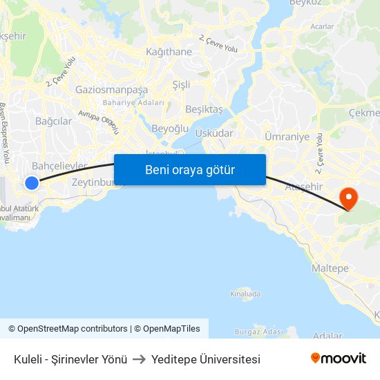 Kuleli - Şirinevler Yönü to Yeditepe Üniversitesi map