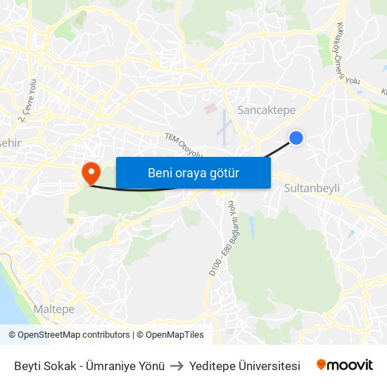 Beyti Sokak - Ümraniye Yönü to Yeditepe Üniversitesi map