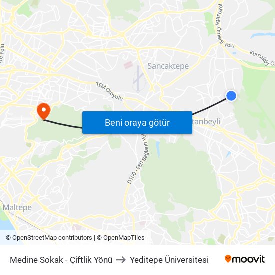 Medine Sokak - Çiftlik Yönü to Yeditepe Üniversitesi map