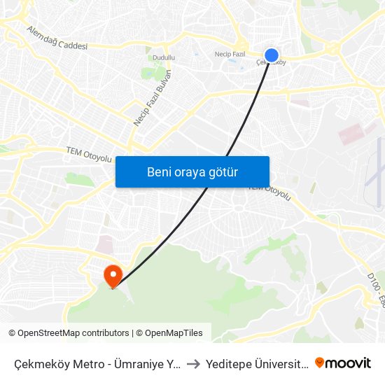 Çekmeköy Metro - Ümraniye Yönü to Yeditepe Üniversitesi map