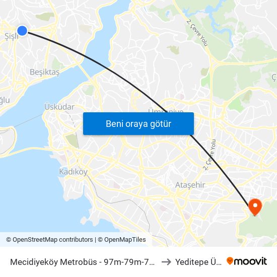 Mecidiyeköy Metrobüs - 97m-79m-79km-141a-141m-336m Yönü to Yeditepe Üniversitesi map