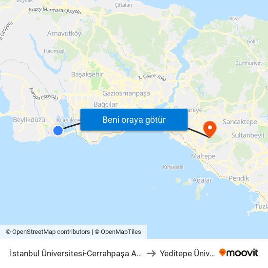 İstanbul Üniversitesi-Cerrahpaşa Avcilar Kampüsü to Yeditepe Üniversitesi map