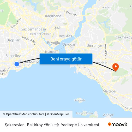 Şekerevler - Bakirköy Yönü to Yeditepe Üniversitesi map