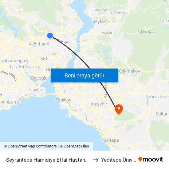 Seyrantepe Hamidiye Etfal Hastanesi - Levent Yönü to Yeditepe Üniversitesi map