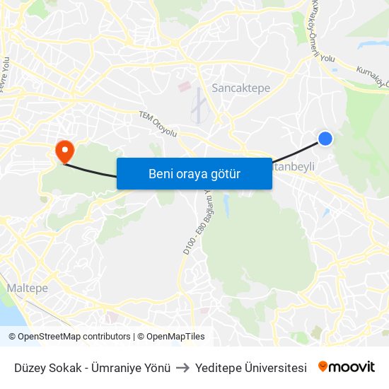 Düzey Sokak - Ümraniye Yönü to Yeditepe Üniversitesi map