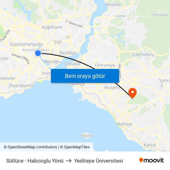 Sütlüce - Halicioglu Yönü to Yeditepe Üniversitesi map