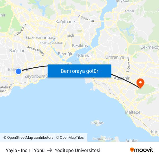 Yayla - Incirli Yönü to Yeditepe Üniversitesi map