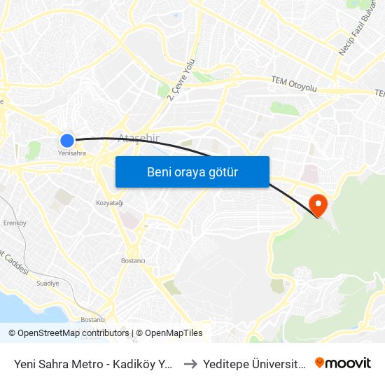 Yeni Sahra Metro - Kadiköy Yönü to Yeditepe Üniversitesi map
