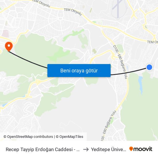 Recep Tayyip Erdoğan Caddesi - Kartal Yönü to Yeditepe Üniversitesi map