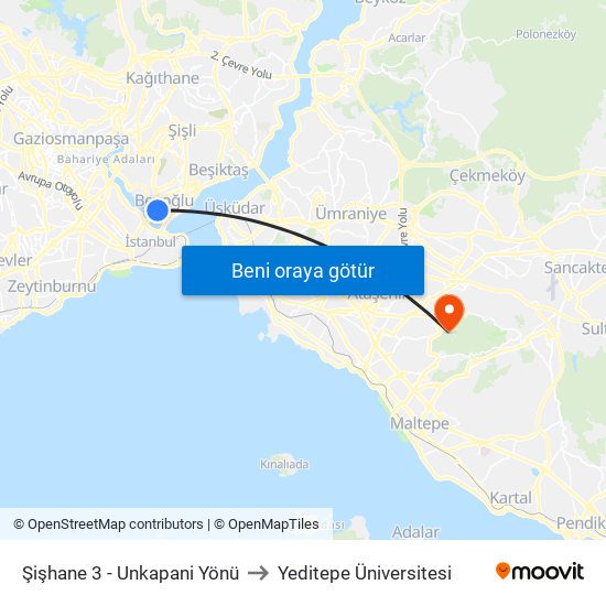 Şişhane 3 - Unkapani Yönü to Yeditepe Üniversitesi map