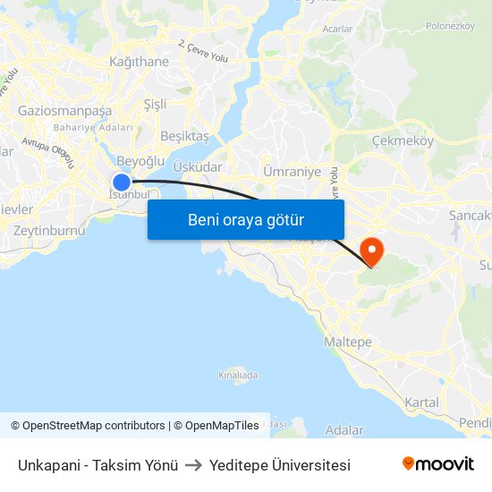 Unkapani - Taksim Yönü to Yeditepe Üniversitesi map