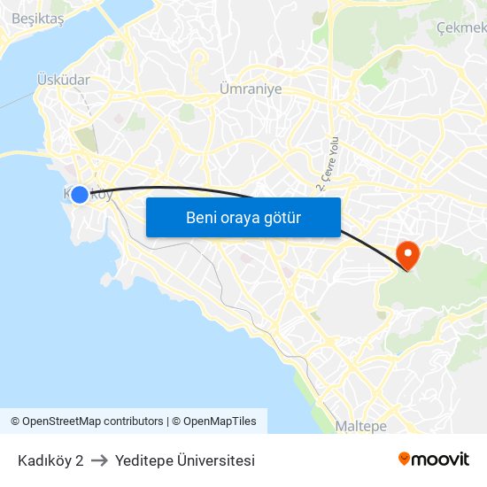 Kadıköy 2 to Yeditepe Üniversitesi map