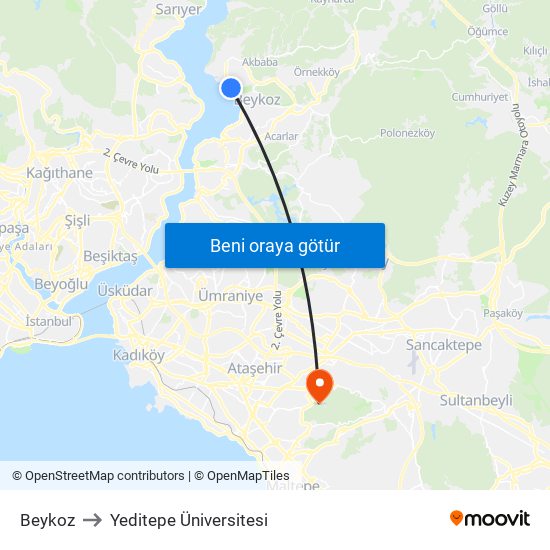 Beykoz to Yeditepe Üniversitesi map