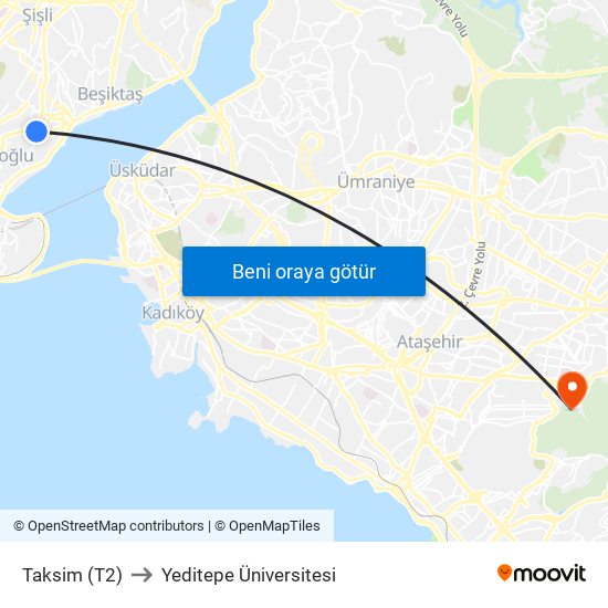 Taksim (T2) to Yeditepe Üniversitesi map