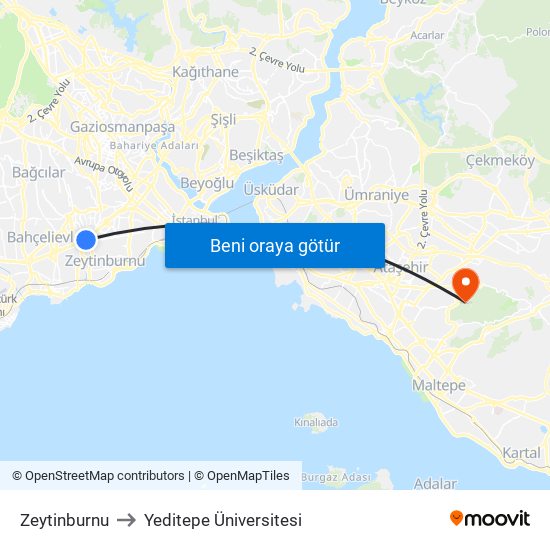 Zeytinburnu to Yeditepe Üniversitesi map