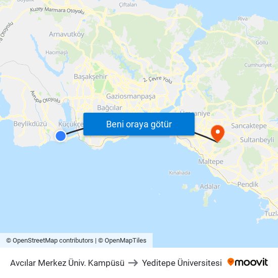 Avcılar Merkez Üniv. Kampüsü to Yeditepe Üniversitesi map