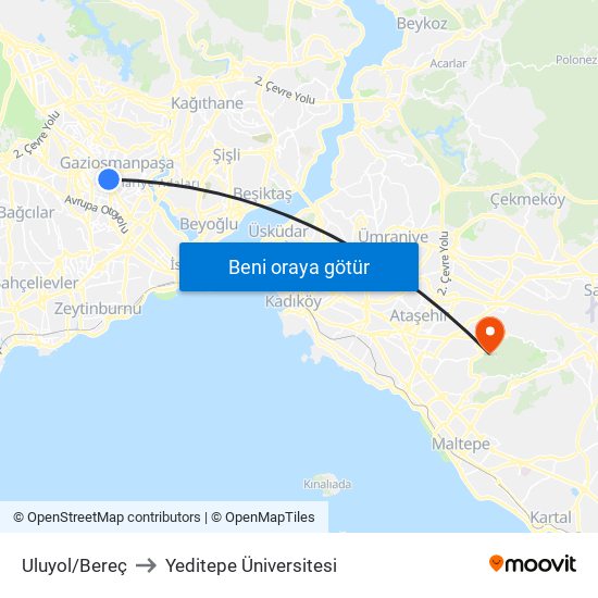 Uluyol/Bereç to Yeditepe Üniversitesi map