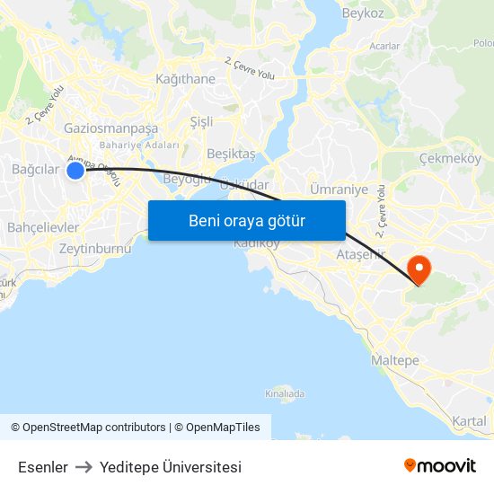 Esenler to Yeditepe Üniversitesi map