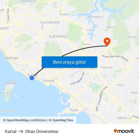Kartal to Okan Üniversitesi map