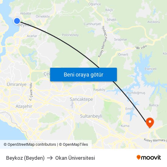 Beykoz (Beyden) to Okan Üniversitesi map