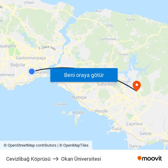 Cevizlibağ Köprüsü to Okan Üniversitesi map