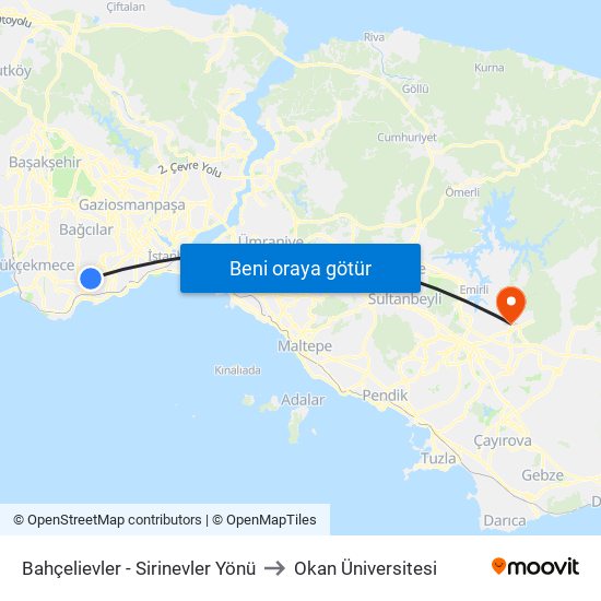 Bahçelievler - Sirinevler Yönü to Okan Üniversitesi map