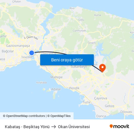 Kabataş - Beşiktaş Yönü to Okan Üniversitesi map