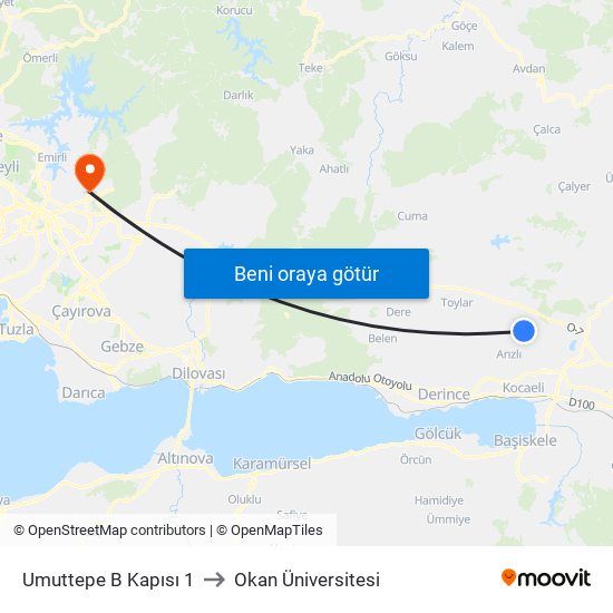 Umuttepe B Kapısı 1 to Okan Üniversitesi map