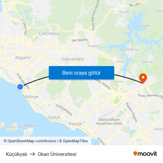Küçükyalı to Okan Üniversitesi map