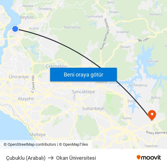 Çubuklu (Arabalı) to Okan Üniversitesi map