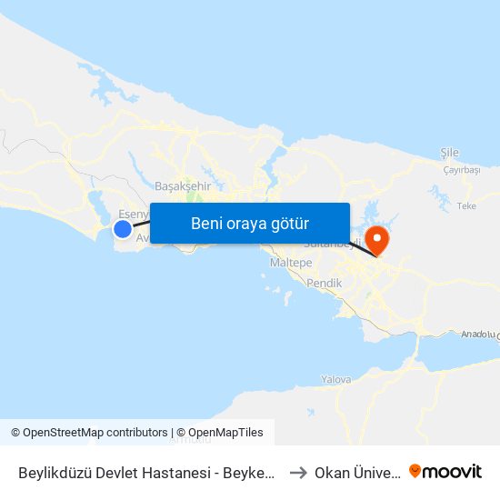 Beylikdüzü Devlet Hastanesi - Beykent-Gürpinar Yönü to Okan Üniversitesi map