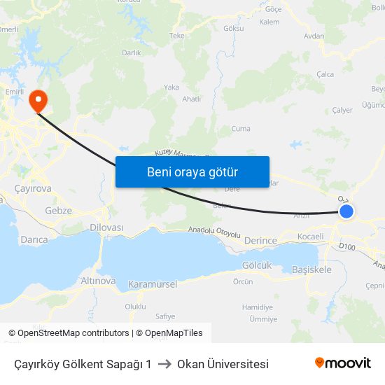 Çayırköy Gölkent Sapağı 1 to Okan Üniversitesi map