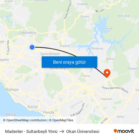 Madenler - Sultanbeyli Yönü to Okan Üniversitesi map