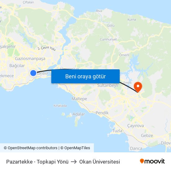 Pazartekke - Topkapi Yönü to Okan Üniversitesi map